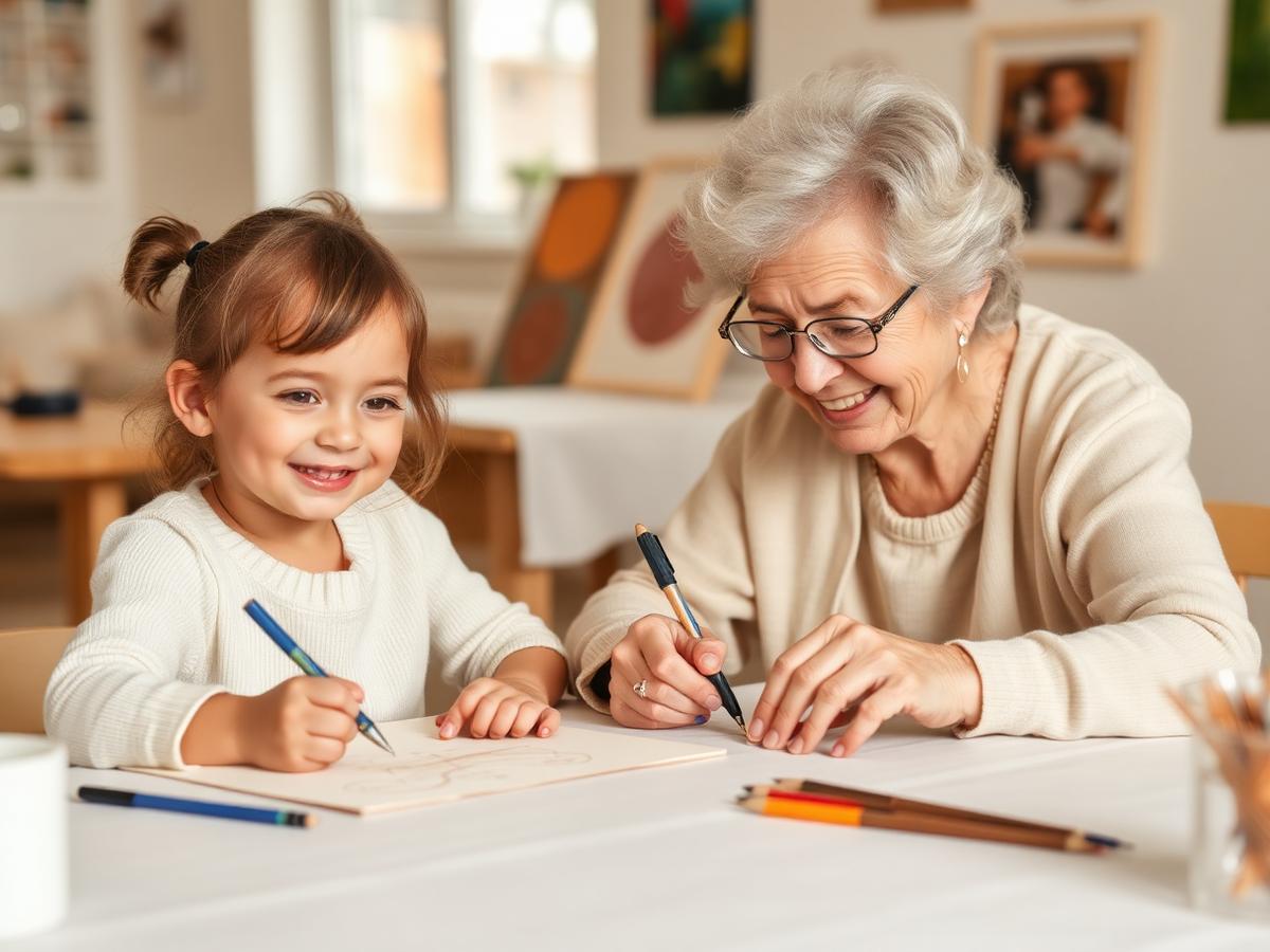 Grootmoeder en kleinkind tekenen samen aan een tafel